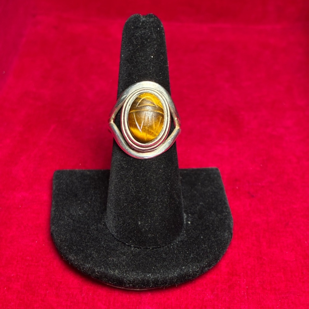 Vintage Egyptian Revival Sterling Silver Tiger's Eye Scarab Ring size 7.5